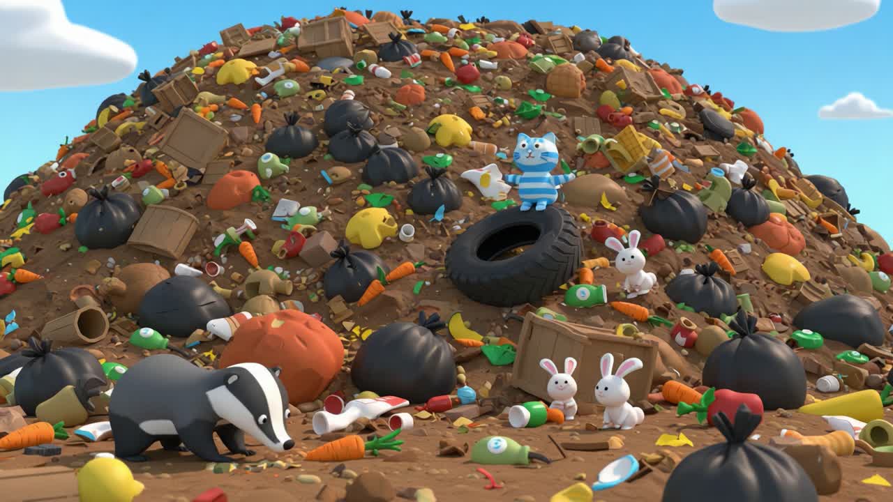 Colorful Animated Scene of Adorable Characters Exploring a Vibrant Trash Mountain Filled with Various Items and Litter, Highlighting Environmental Issues and Playfulness