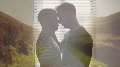 Animation-of-landscape-over-diverse-male-couple-embracing