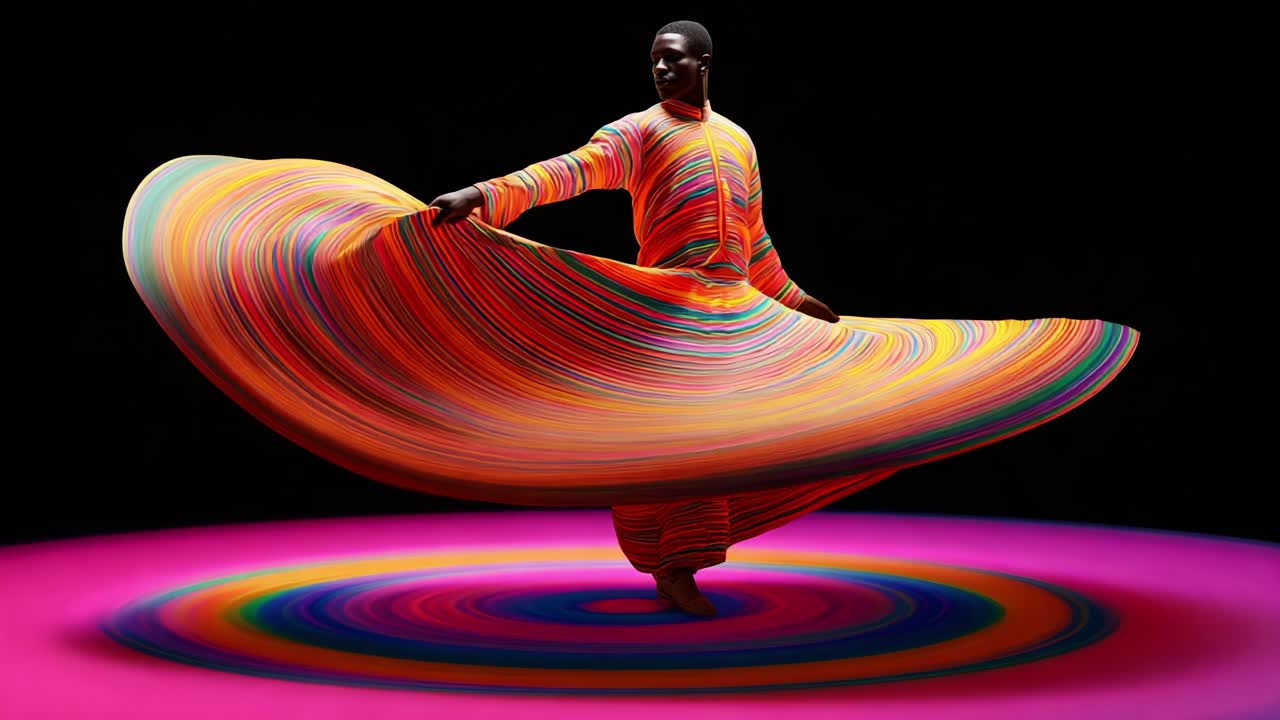 A dancer elegantly spins in a vibrant, swirling garment, creating a mesmerizing blend of colors that radiates from the center, capturing the essence of movement and creativity