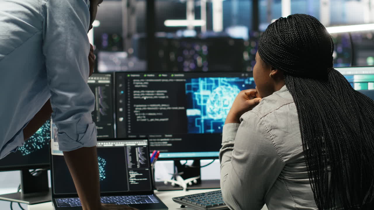 Data center manager supervising worker deploying AI solutions