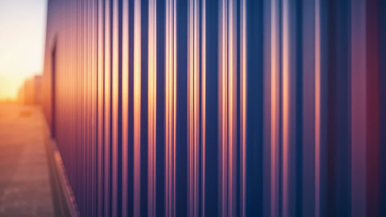 Sunset initiating gliding camera along path beside ridged metal fence, reflecting warm glow