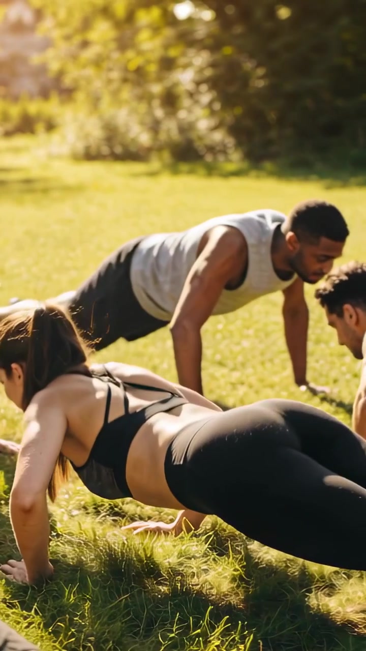 Video vertical: Filmando de cerca a una mujer, grupo haciendo flexiones con equipo en un parque para entrenar, rastreador