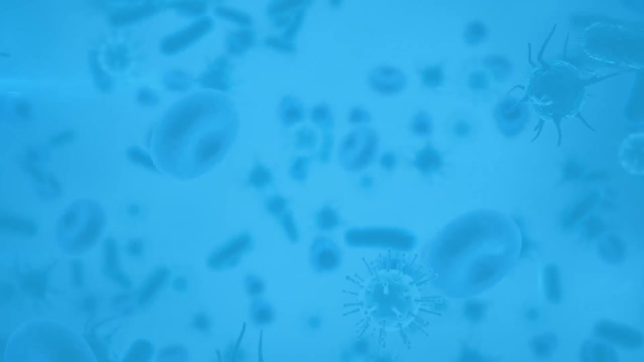 células de covid-19 que se mueven contra un fondo azul