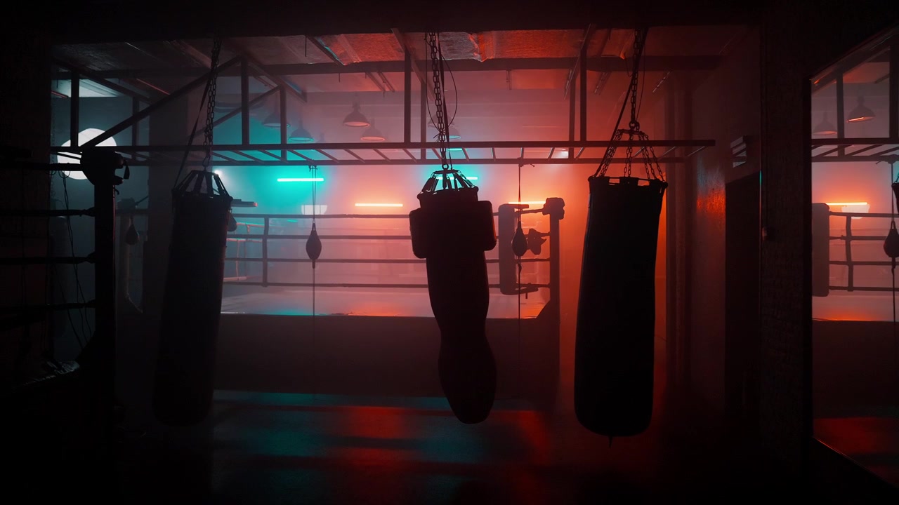 Dunkles Boxstudio mit Boxsäcken und dramatischer Neonbeleuchtung