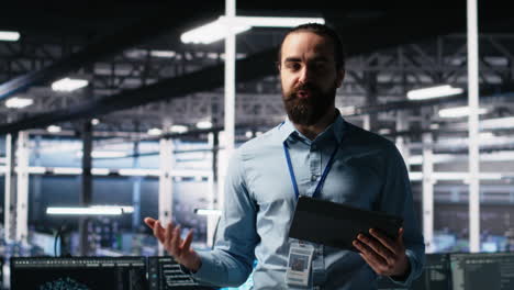 data center lead programmer showcasing ai technology and rigs