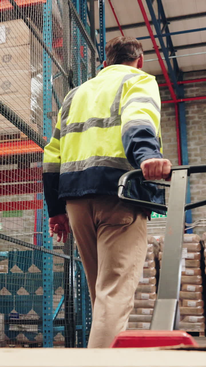 Warehouse worker pulling a pallet jack