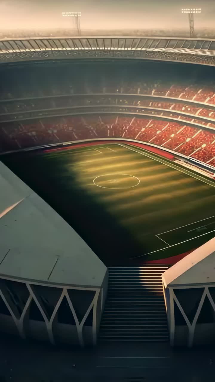Vertical video: Opening shot guiding camera tilting and panning over stadium field revealing tiers