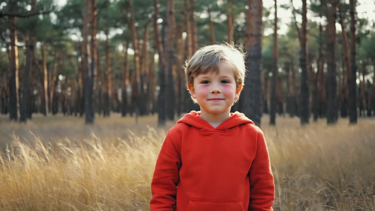 Cheerful child wearing a vibrant red hoodie, smiling joyfully in a serene forest setting, surrounded by tall dry grass and majestic trees, embodying the spirit of carefree childhood
