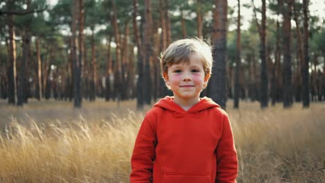 cheerful child wearing a vibrant red hoodie, smiling joyfully in a serene forest setting, surrounded by tall dry grass and majestic trees, embodying the spirit of carefree childhood