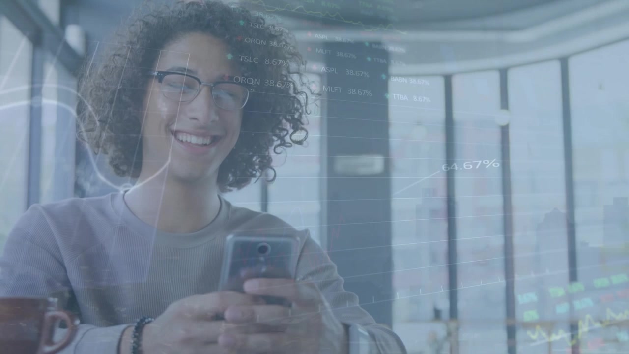 Animazione di elaborazione dati finanziari su uomini che usano lo smartphone