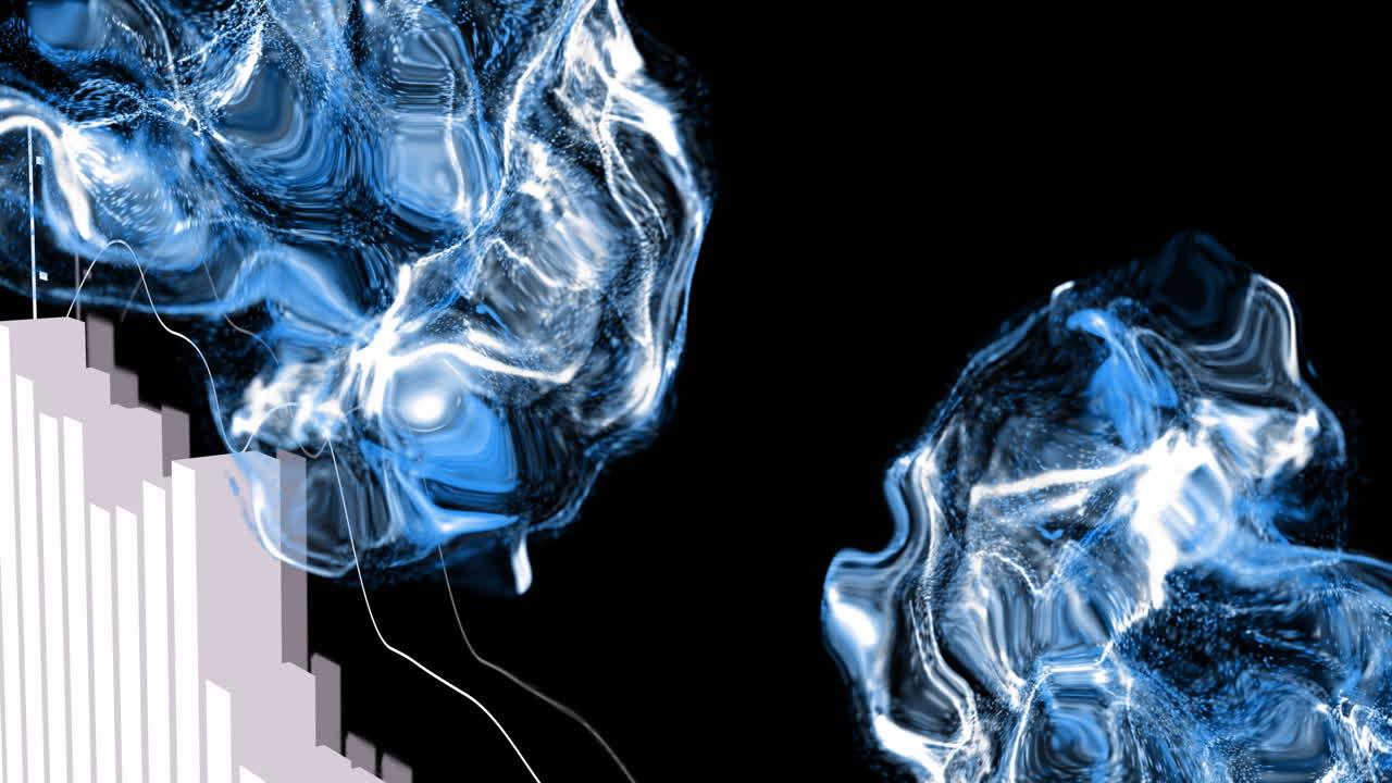 Blue and white swirling animation with geometric shapes on black background