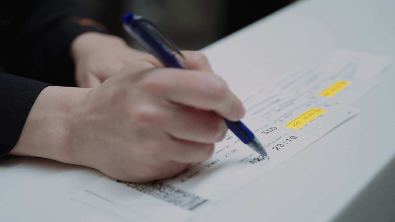 manos cercanas mostrando en los boletos la hora y la puerta de salida, aeropuerto. toma cinematográfica en cámara roja.