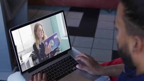 African-american-businessman-using-laptop-having-video-call-with-female-colleague