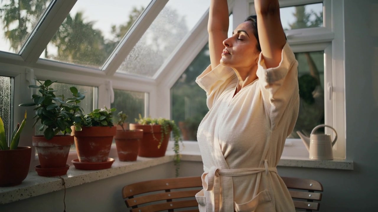 Donna indiana che si stira, indossando una veste, alzando le braccia in una veranda, con la luce del mattino che la sveglia vicino a dei vasi.