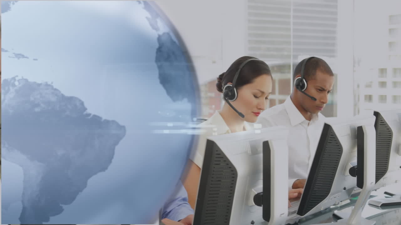 헤드 ⁇ 을 착용 한 사업가 들 위 의 전 세계 의 애니메이션