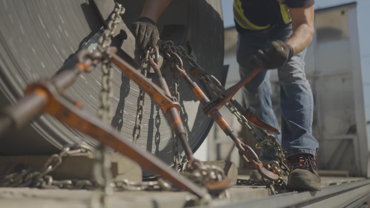 camionero asegura la carga en su remolque con una llave inglesa