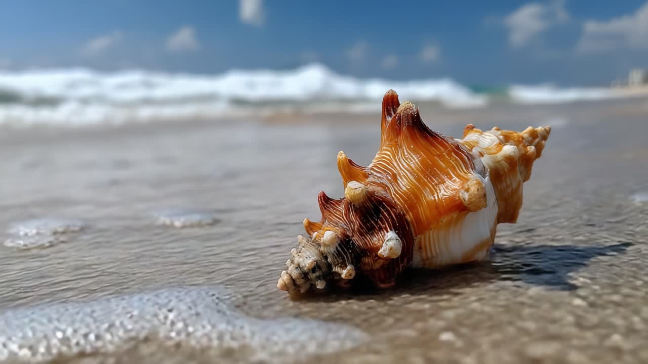 A Beautiful Seashell Resting on the Shoreline, Capturing the Essence of Nature with Gentle Waves Lapping and a Clear Sky in the Background