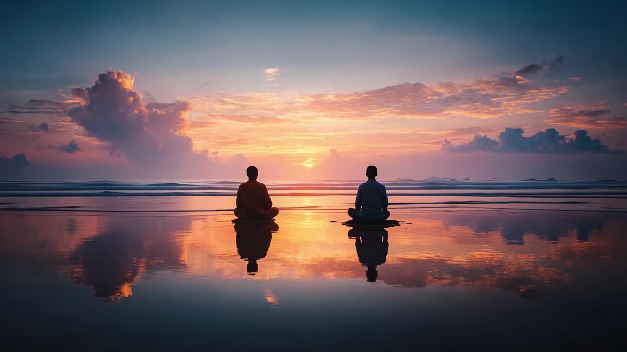 Serene Sunset Meditation: Two Individuals Engaging in Mindfulness Practice by the Tranquil Seashore, Surrounded by Breathtaking Natural Beauty and Reflective Waters