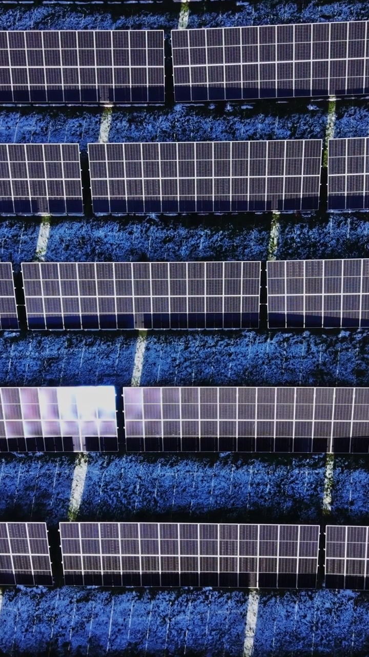 Pannelli solari coprono un campo illuminato dal sole durante il giorno.