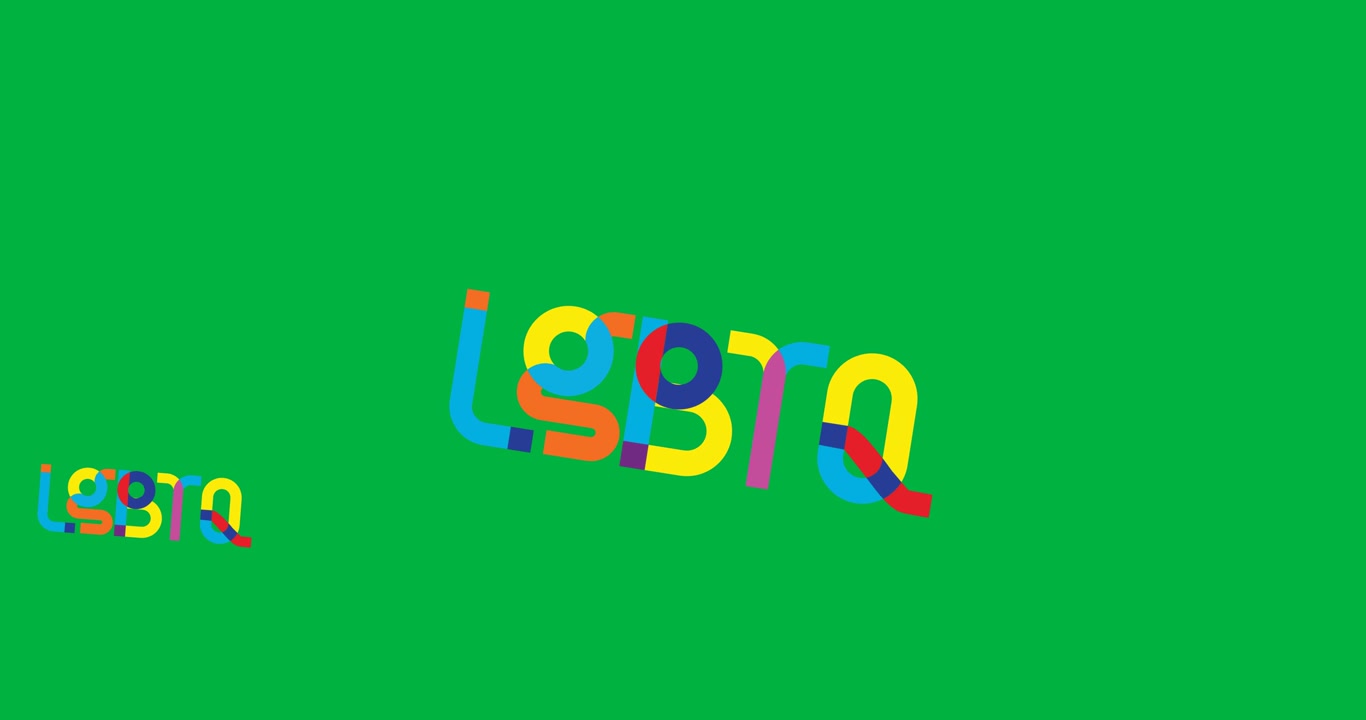 Animazione digitale di icone multiple a nastro arcobaleno e banner di testo LGBTQ su sfondo nero.