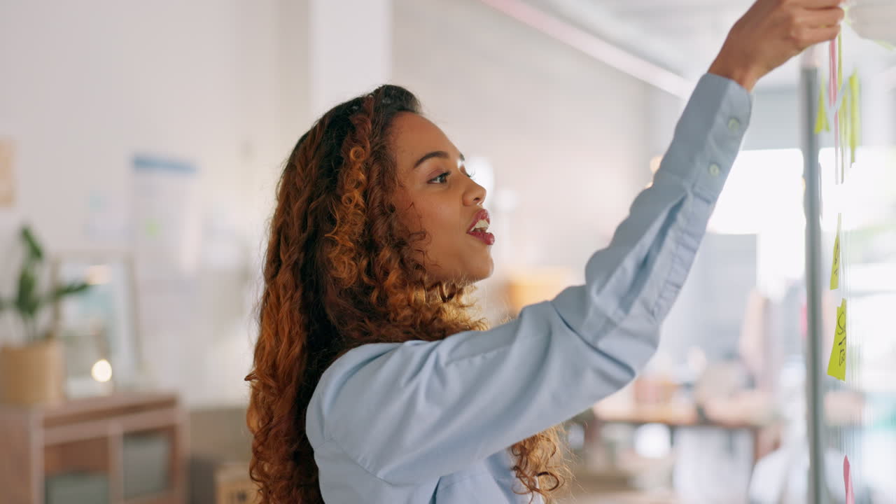 mujer de negocios, planificación de notas adhesivas