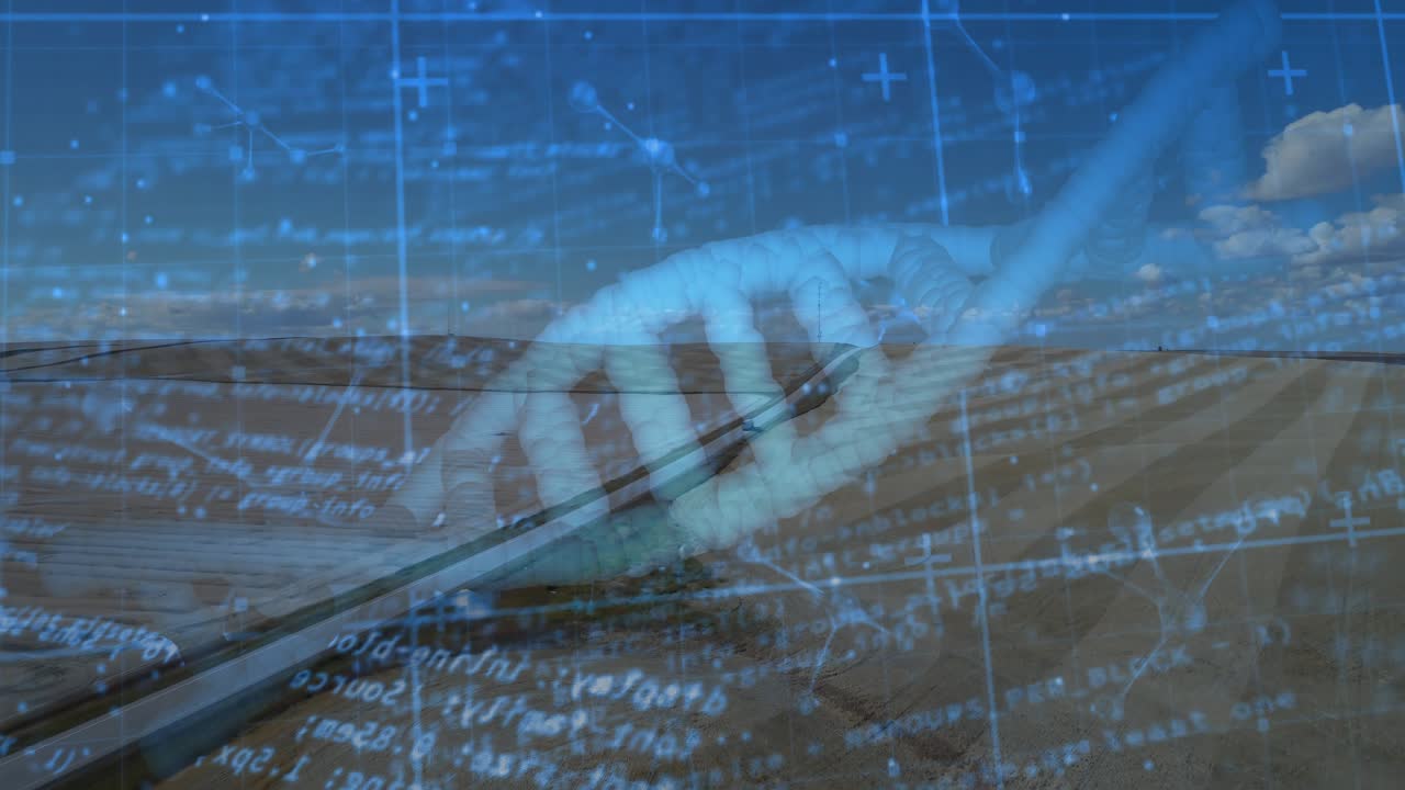 On start, cyan DNA helix moving and rotating on diagonal, grid shifting to map terrain data