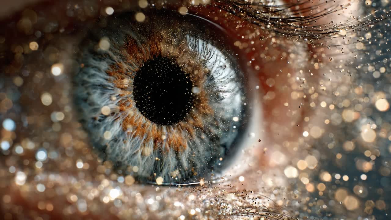 A Captivating Close-Up of an Eye Sparkling with Glitter and Bokeh Effects, Highlighting the Intricacies of the Iris and the Enchanting Reflections and Details