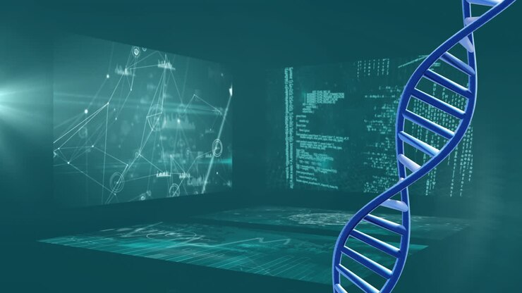 Animation of dna strand over data processing on blue background