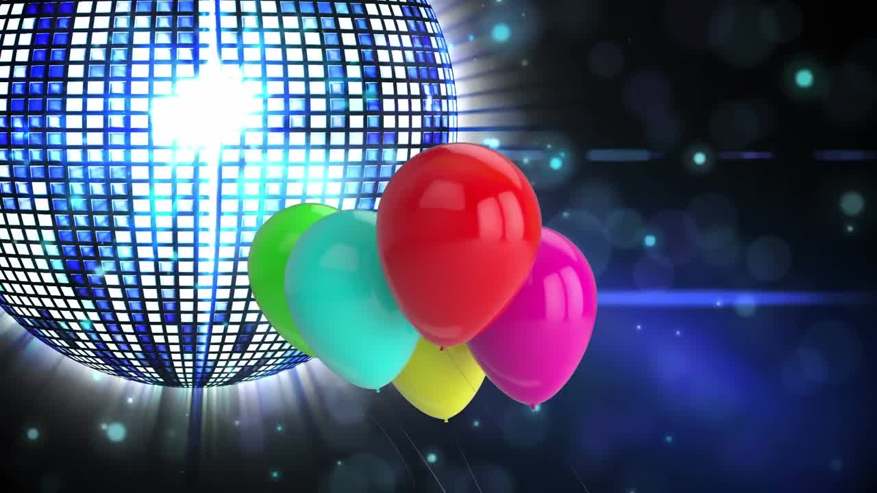animación de globos flotando sobre una bola de espejo giratoria
