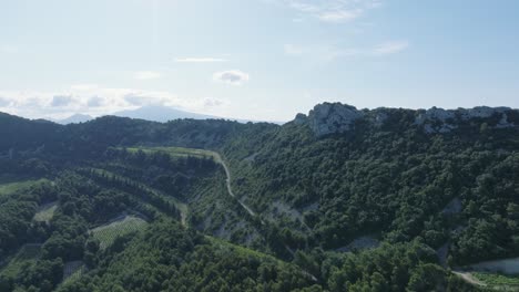 aerial drone shot flying over vaucluse provence dentelles montmirail france