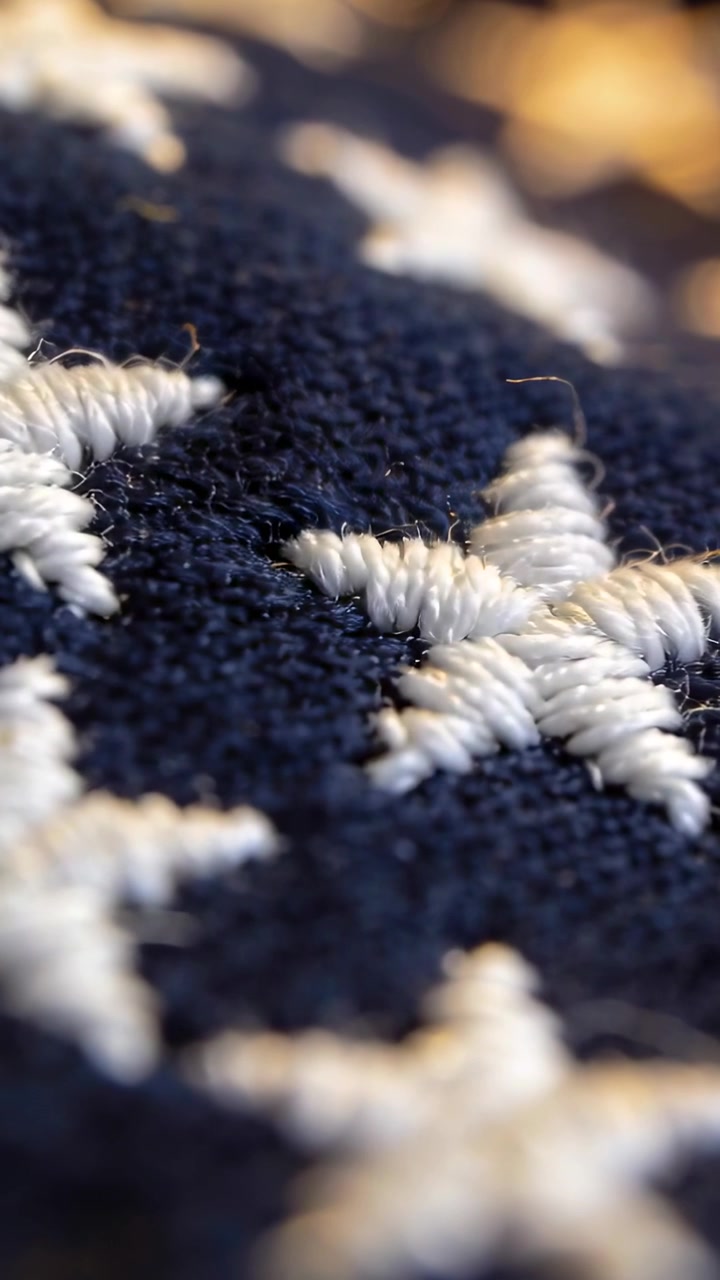 Vertical video: Pulling focus camera revealing white star on navy cloth, showing stitch texture