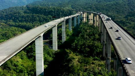 aerial landscape of landmark highway road at green forest trees and mountains