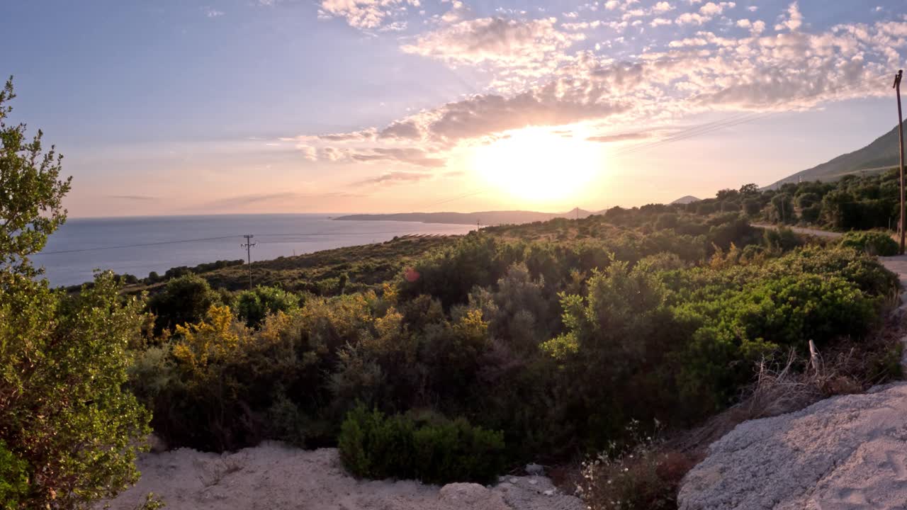 Amazing sunset over Kefalonia countryside Greece in Spring rugged, arid landscape.