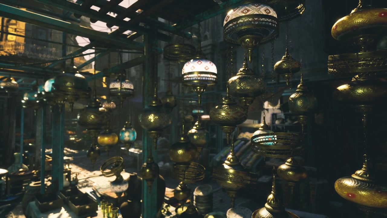 Vibrant old market featuring intricate lamps and textured wooden structures
