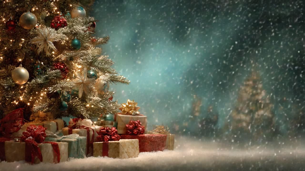 Un'accogliente scena natalizia con un albero di Natale decorato ad arte, circondato da confezioni regalo e un magico sfondo innevato per un'atmosfera festosa
