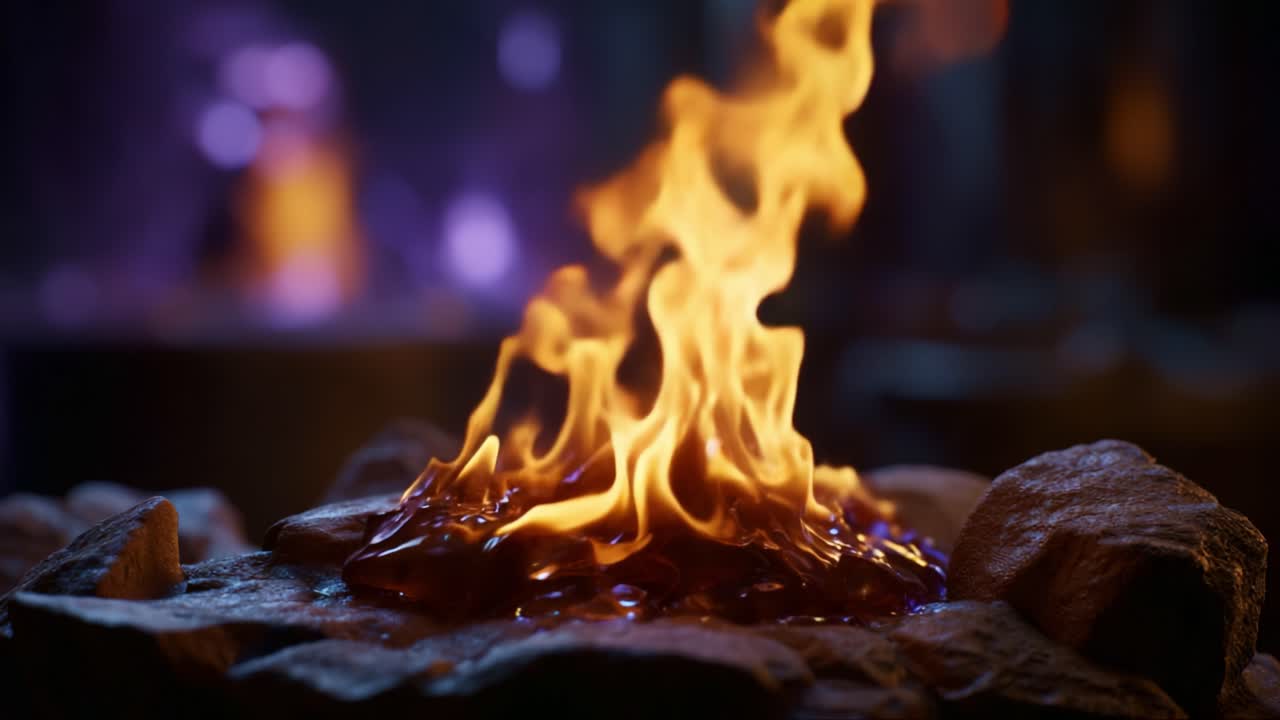 Intense Flames Dance Over Smooth Rocks, Creating a Captivating Display of Fire and Light in a Mystical Surrounding, Evoking Warmth and Energy