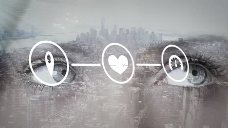 animation of connected icons over cropped eyes of caucasian woman against aerial view of cityscape