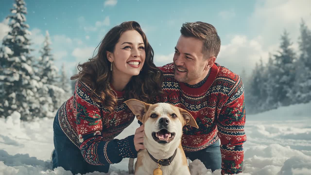 Kneeling couple in sweaters petting dog in snowy pine forest, glancing skyward as snow drifting
