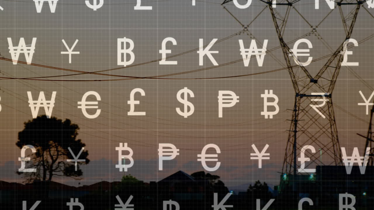 High-voltage steel tower being animated at sunset, with power lines and currency symbols overlaying