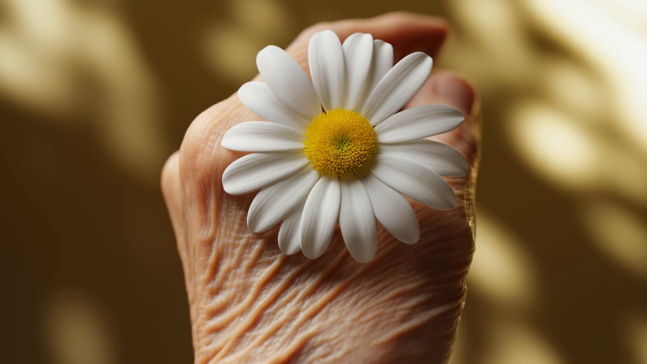 Closeup Older Hand Holding Daisy, Wrinkled Skin And Veins Catch Warm Sunlight And Soft Shadow, Grandparent