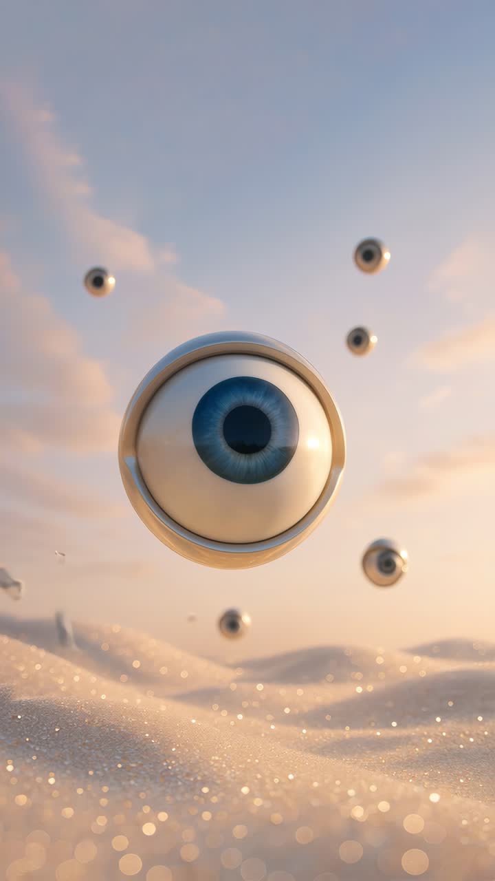 Concept video surreale con sfere metalliche fluttuanti su un paesaggio sabbioso scintillante.