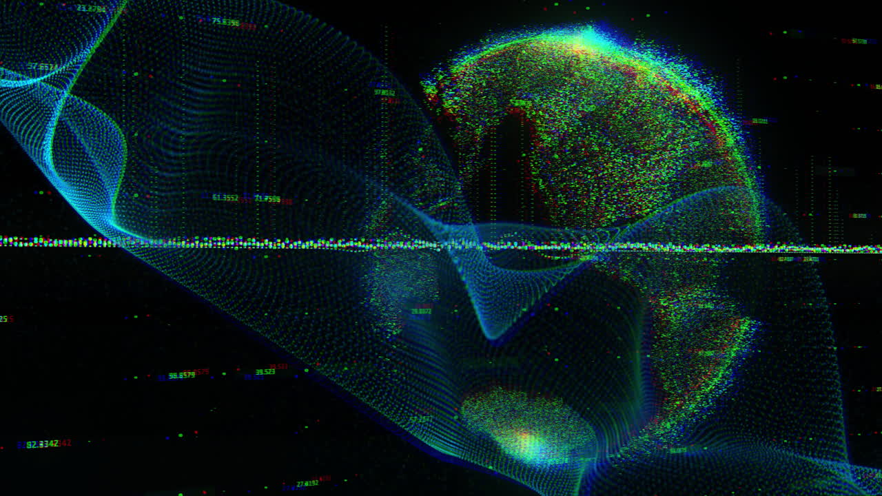 검은색 배경에 빛의 흔적, 지구와 데이터 처리의 애니메이션