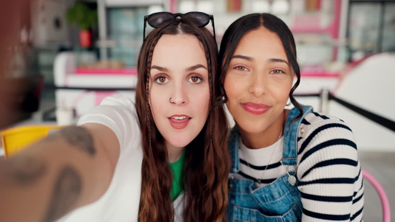 cara, selfie y amigas felices