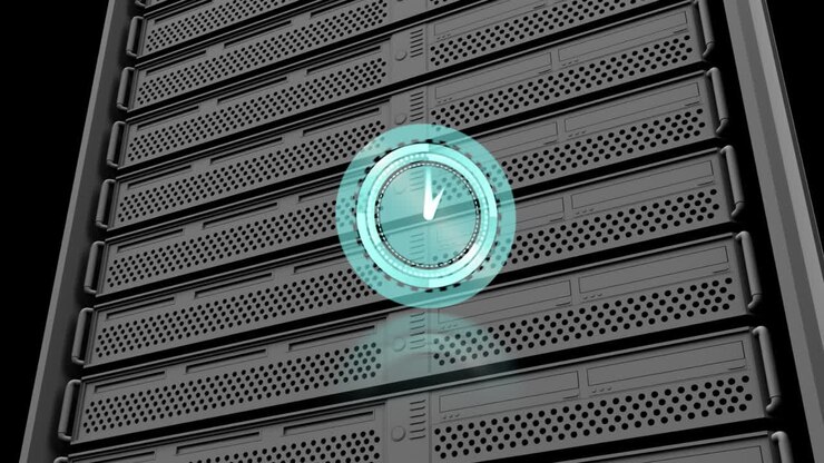 Animation of clock moving fast over computer server