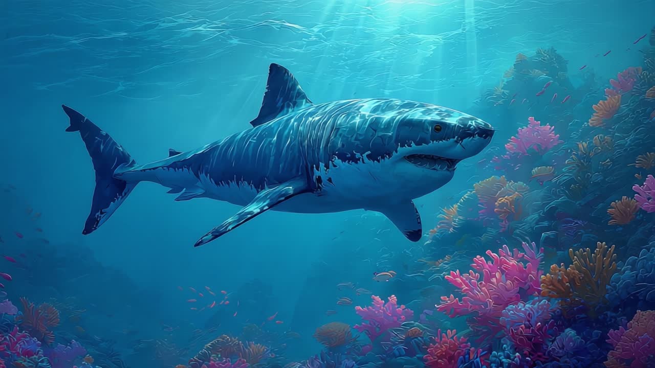 Majestic Great White Shark Gliding Through Vibrant Underwater Coral Reef, Capturing the Beauty of Marine Life in Crystal-Clear Ocean Waters