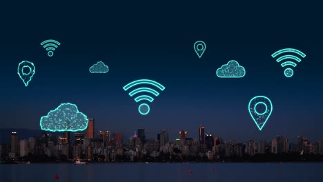 animation of digital clouds and icons flying over cityscape