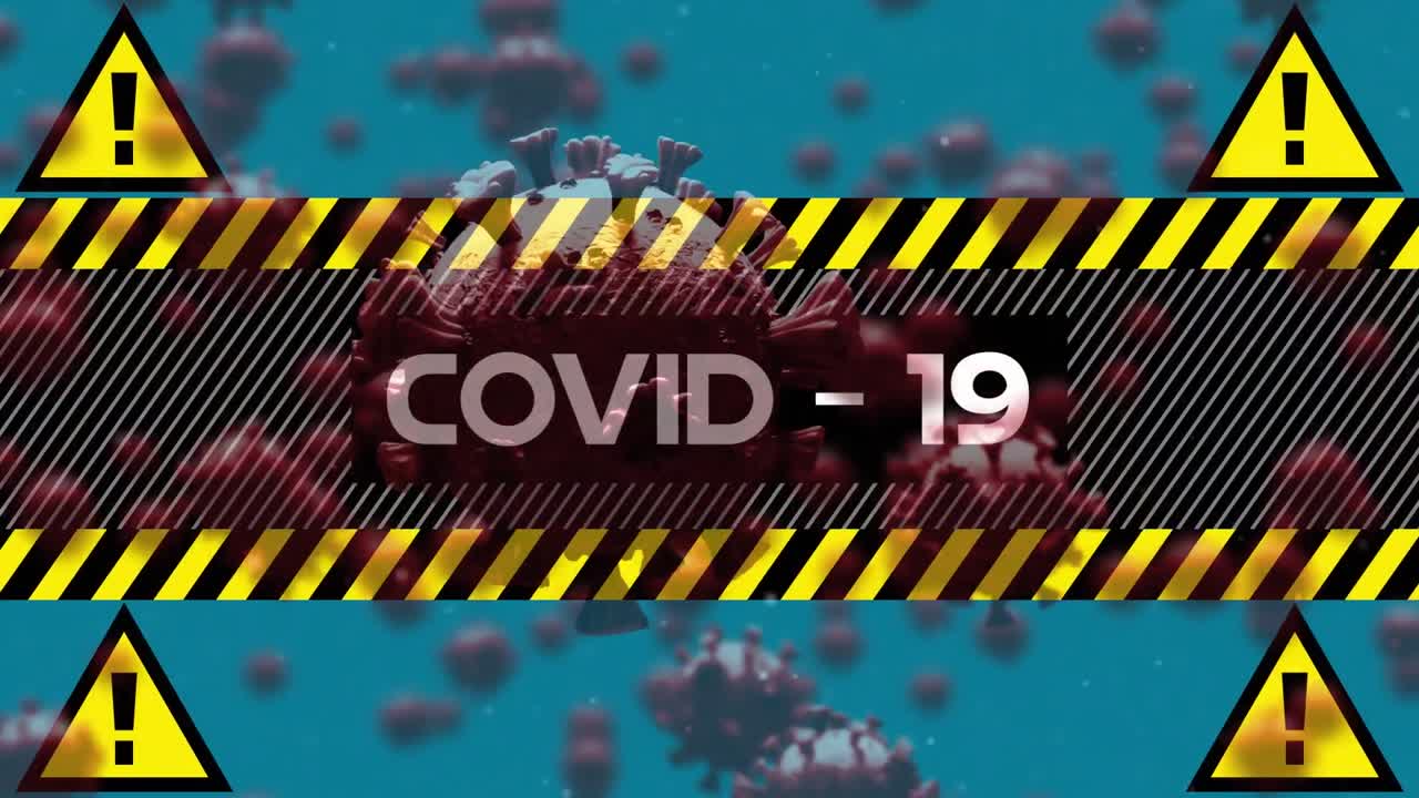 코로나19 텍스트 배너와 블루 배경에 떠다니는 여러 코로나19 세포에 대한 경고 표지판