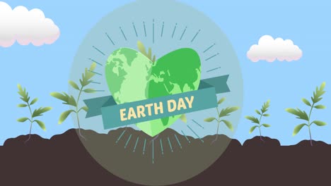 Animation-of-earth-day-text-and-globe-logo-over-plants-in-earth-and-cloudy-blue-sky-background