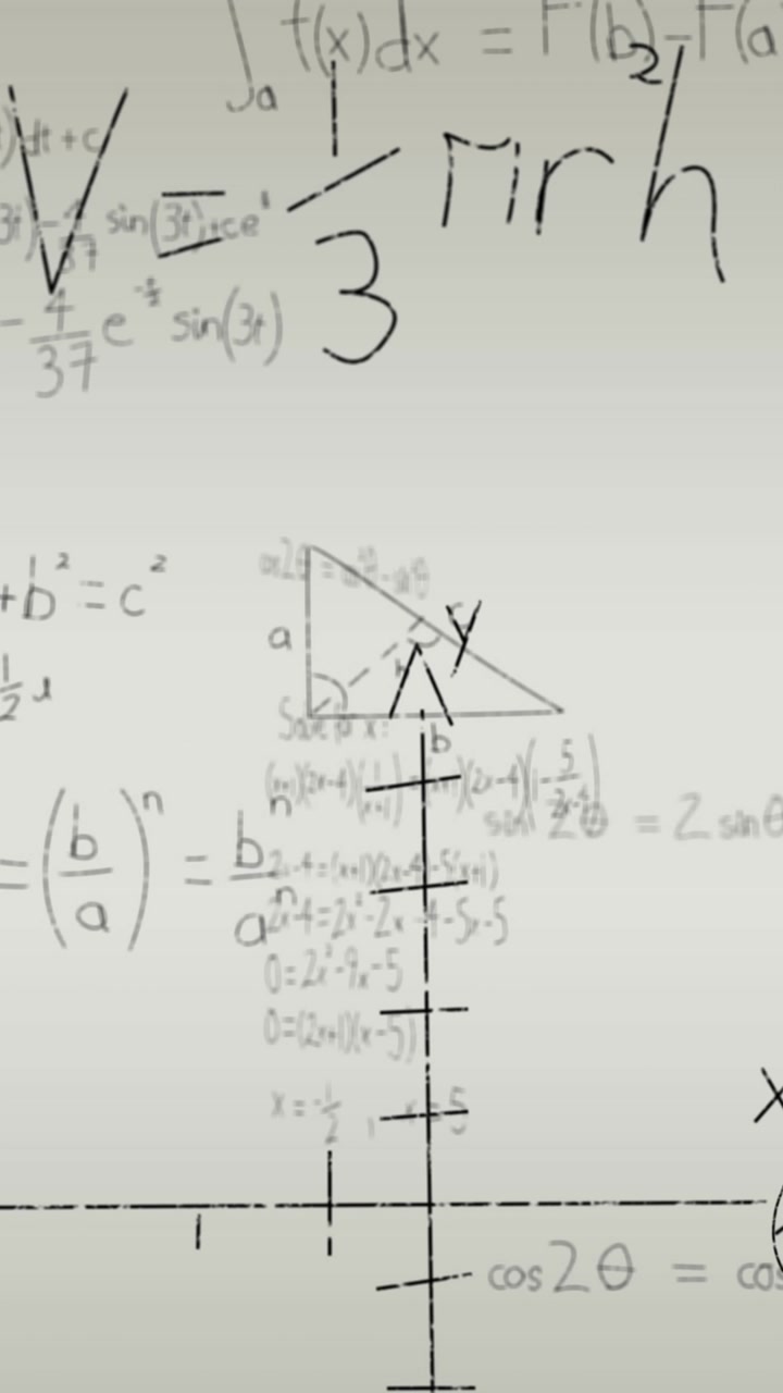 Animation of mathematical equations, diagrams and formulas floating against grey background