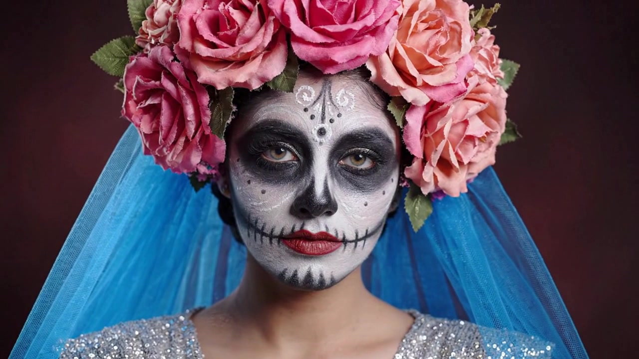 Kvinne med sugar skull-sminke som feirer Dia de los Muertos.
